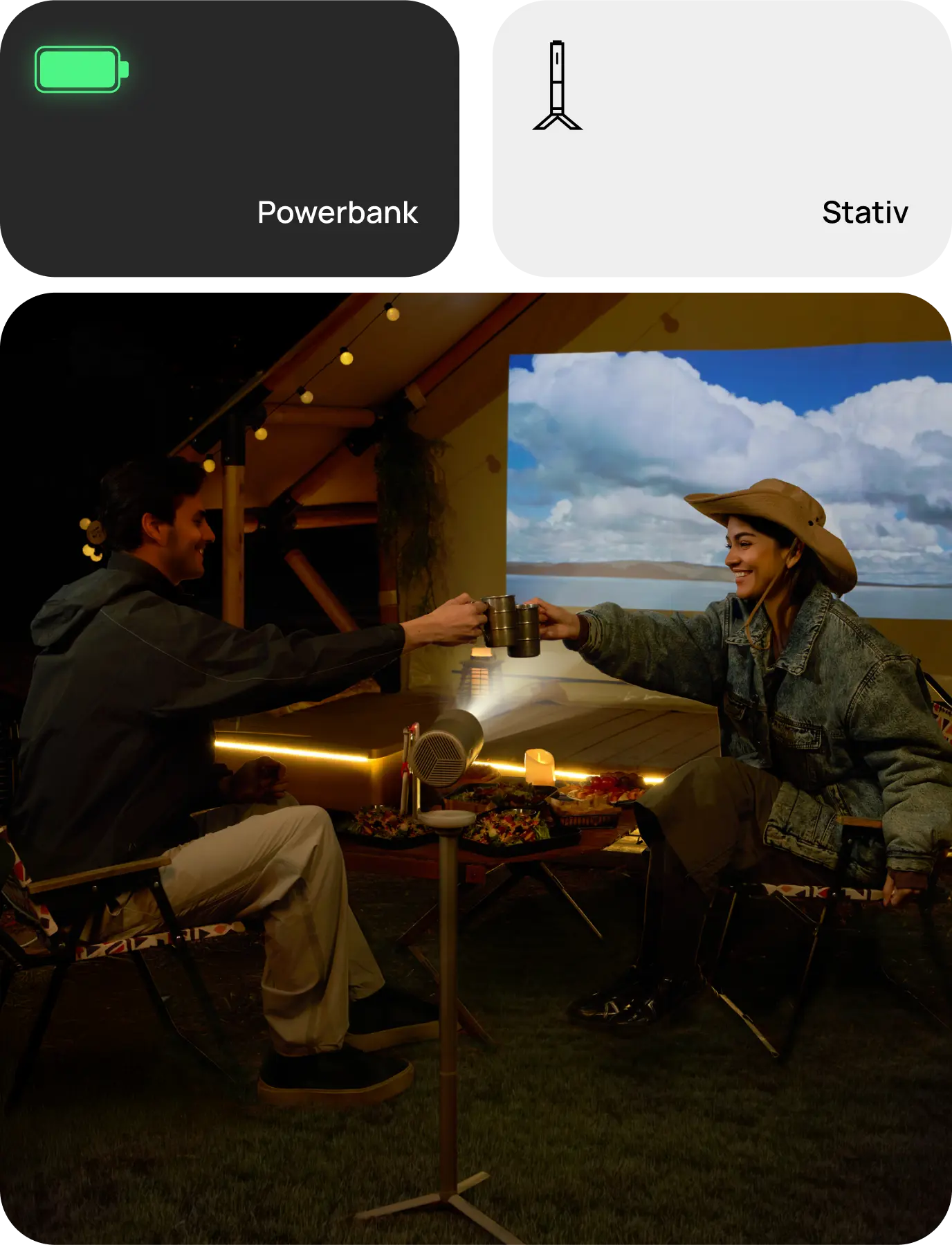 MoGo 4 + PowerBase Stand Intelligenter 1080p Projektor für unterwegs  Integrierte Powerbank Innovativer 2-in-1-Standfuß Der PowerBase Stand vereint die Flexibilität eines Stativs mit der Langlebigkeit eines leistungsstarken Akkus. Für ganz großes Kino ohne Kompromisse – egal, wo du bist.  Powerbank Stativ